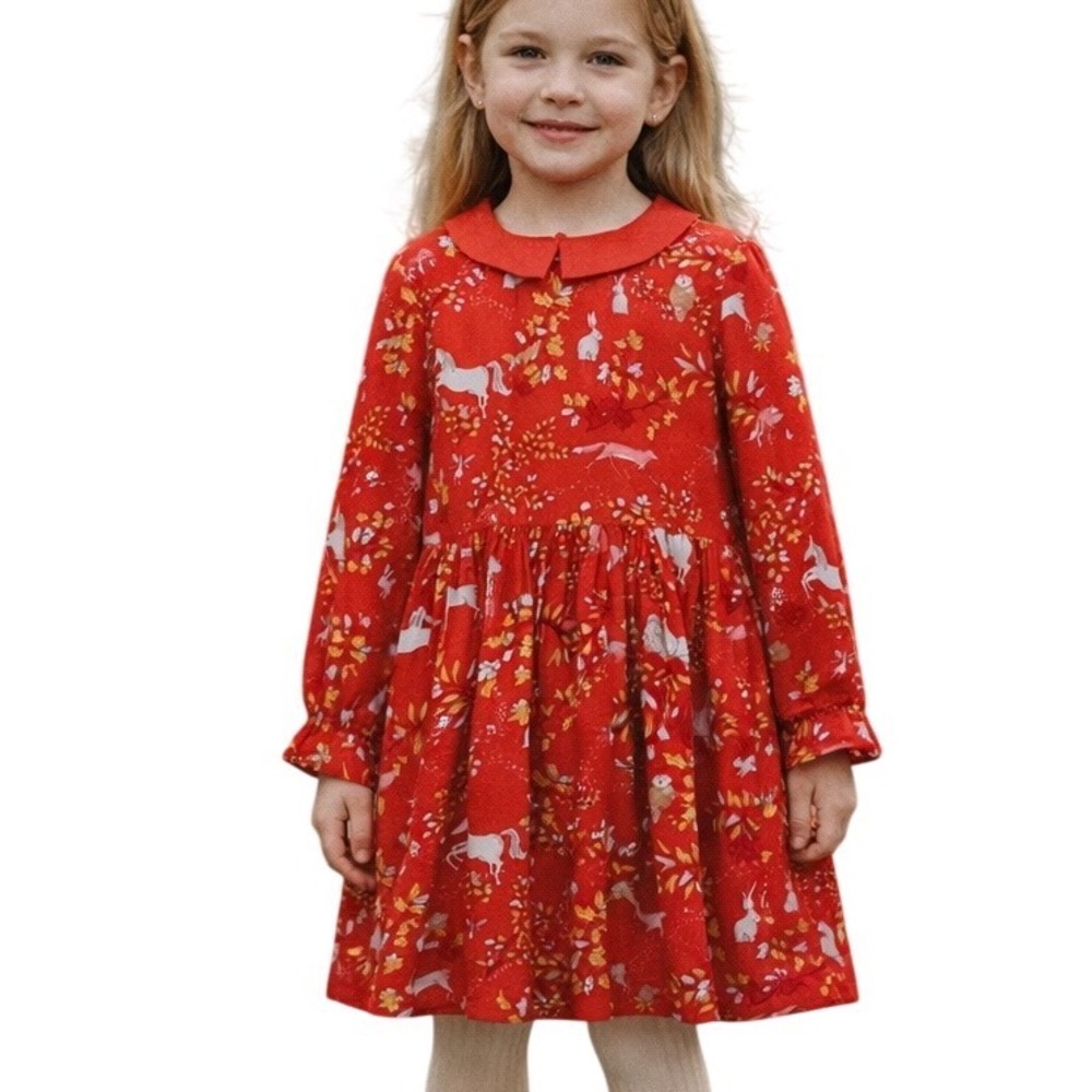 Mini Boden Girls' Woodland Printed Collared Long Sleeve  A-Line Mini Dress Sz  7